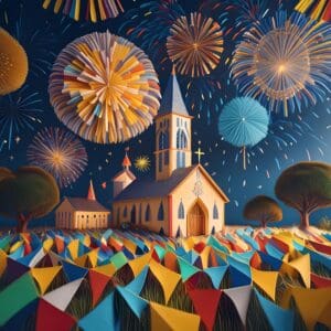 Arte digital de uma igreja com fogos de artifício e bandeirolas