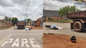 Foto do local do acidente entre caminhão e moto.