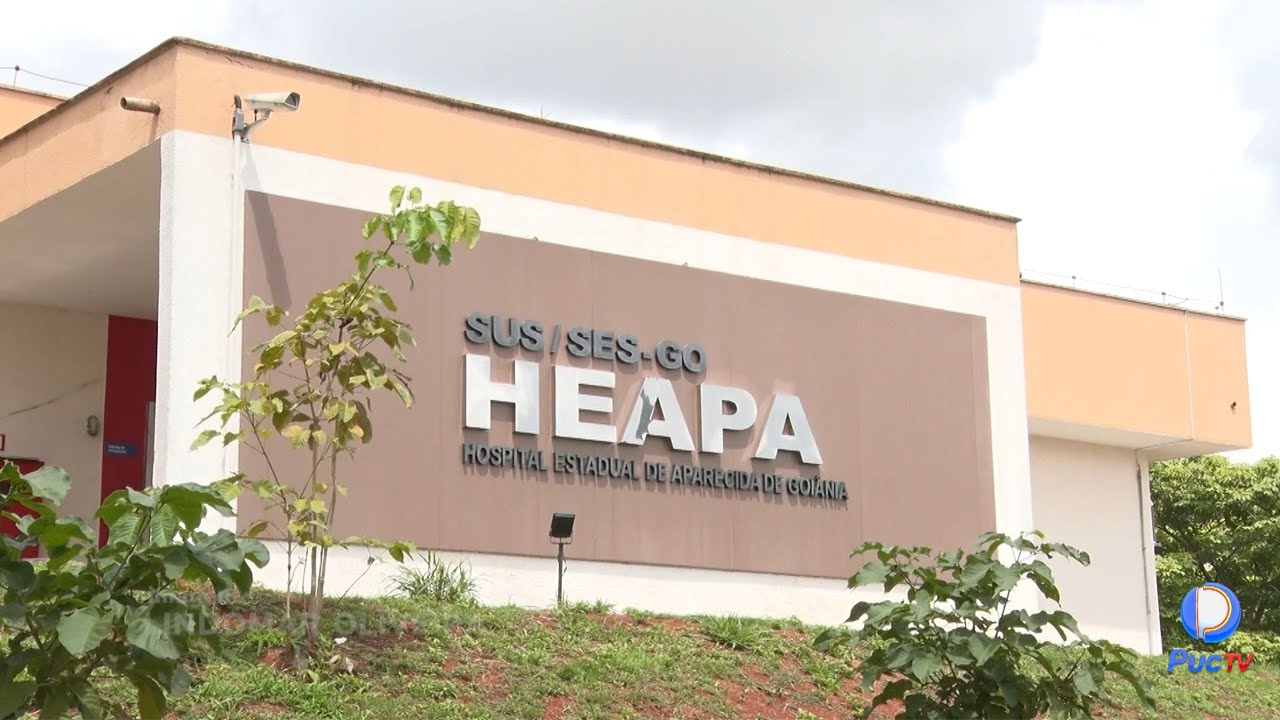 Fachada do Hospital Estadual de Aparecida de Goiânia (Heapa) com nome destacado.